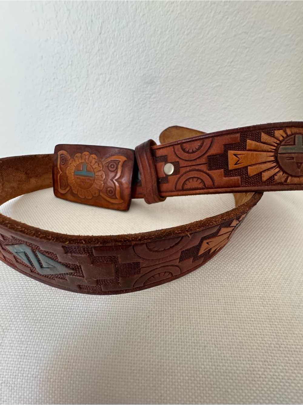 Hand-Tooled Brown Genuine Leather Hand Painted Native Aztec Belt SZ 34 - Picture 4 of 8